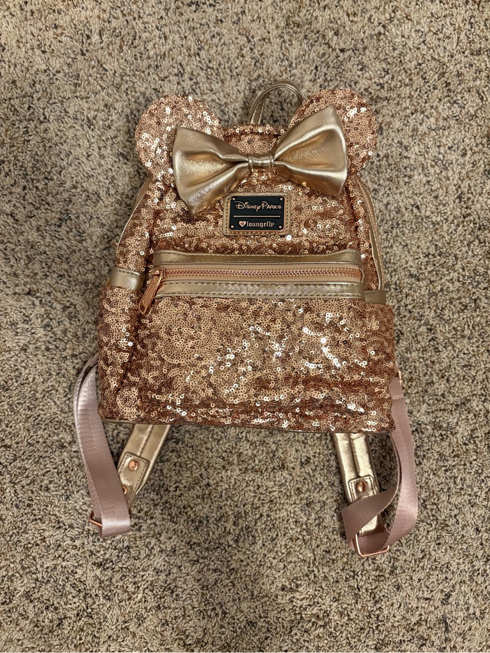 Loungefly Rose Gold Sequin Mini Backpack with Metallic Bow